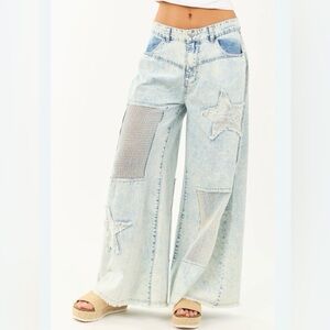 NWT Women's Large POL Acid‎ Wash Patchwork Lightweight Denim Pants.Extra baggy